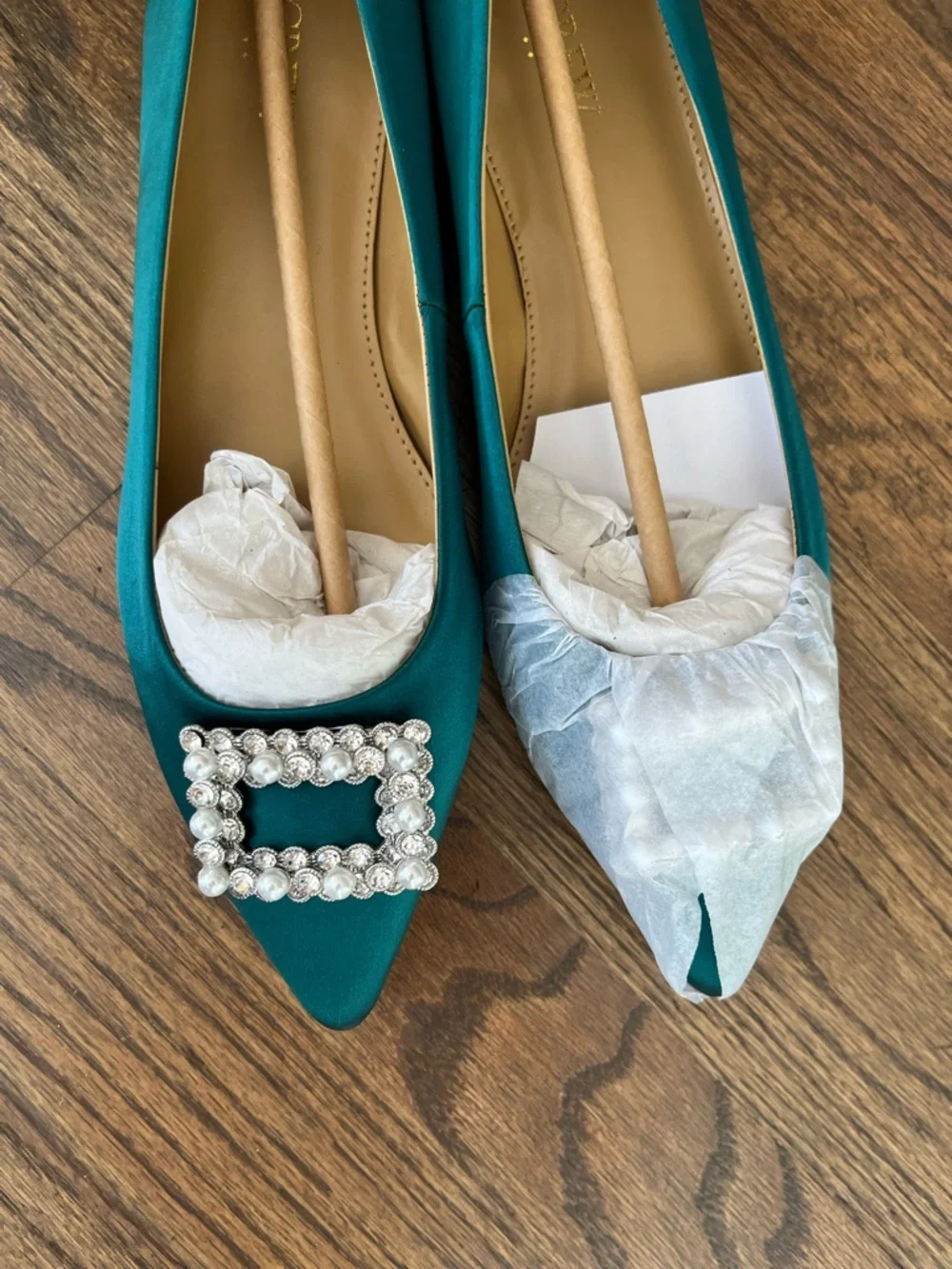 J. Crew Teal Satin Pointed Flats with Pearl-Embellished Buckle